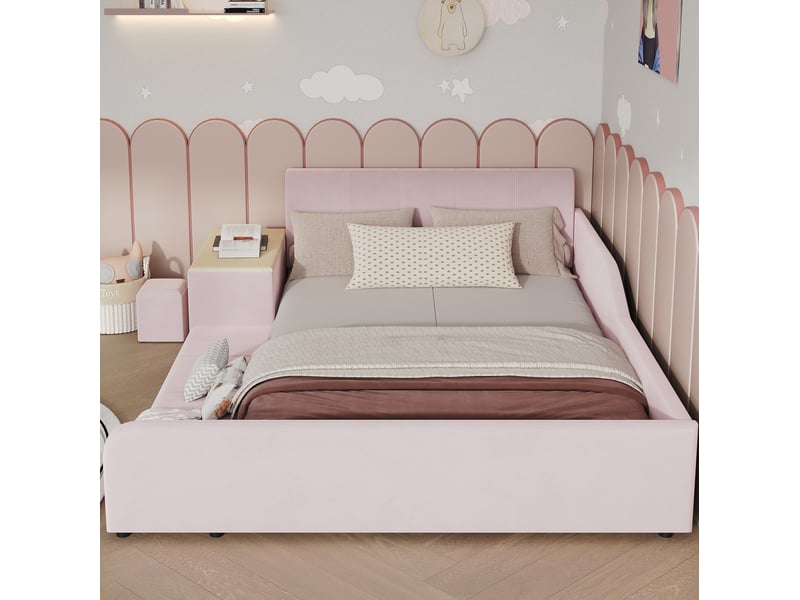 Lit enfant 140x200 cm avec bureau, tabouret et étagère en velours rose - Conforama D