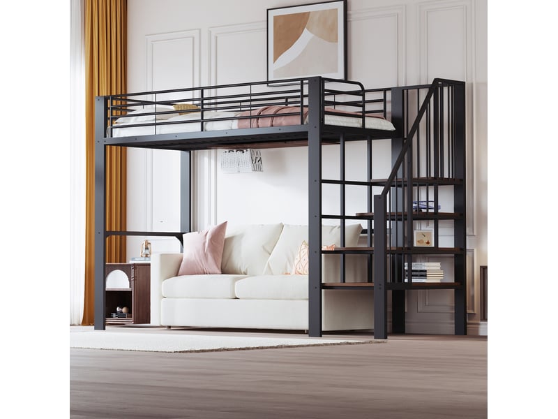  Lit mezzanine 90x200 cm en métal noir avec escalier et espace de rangement  - Conforama D