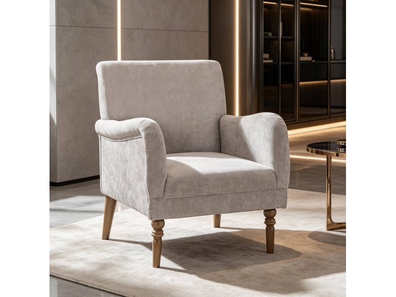 Fauteuil 1 place à dossier haut en tissu aspect lin gris, pieds en bois d’hévéa - Conforama B
