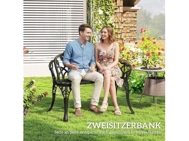 Banc de jardin 2 places en aluminium noir à dossier tulipe, résistant aux intempéries, pour terrasse et balcon - Conforama E