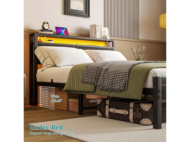  Lit 140x190 avec rangement cadre de lit en métal avec usb et led noir  - Conforama W