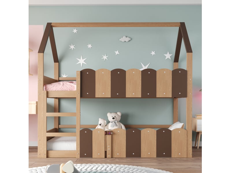  Lit superposé enfant 90x200 cm, avec forme de maison, barrières surélevées, un seul sommier, bois naturel, sans matelas  - Conforama B