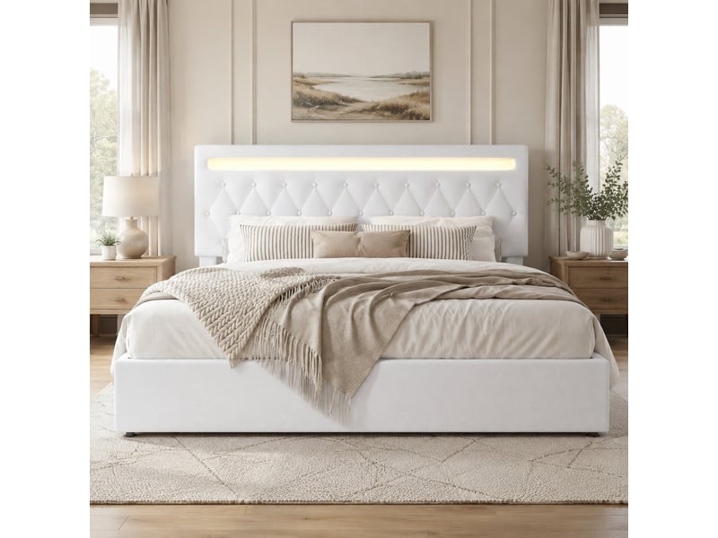  Lit coffre 180 x 200 cm blanc en lin avec led, usb et usb-c  - Conforama B