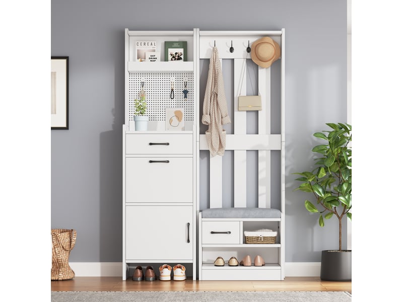  Meuble d'entrée vestiaire 110x35x175,5 cm, 7-en-1 avec banc à chaussures, porte-manteau, 2 tiroirs, aggloméré blanc  - Conforama D