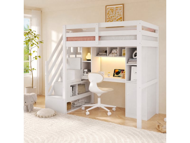  Lit mezzanine 90 × 200 cm avec escalier, rangement, bureau, étagères, led et prises, sans matelas, blanc  - Conforama C