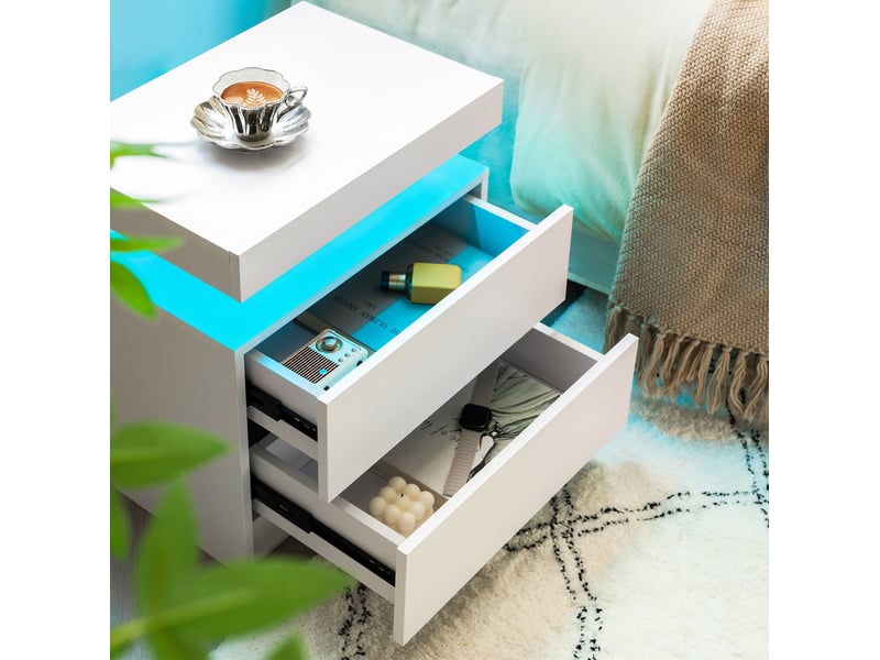  Lot de 2 tables de chevet led 50x36x53 cm – blanc – 2 tiroirs et lumière multicolore réglable, style moderne  - Conforama B