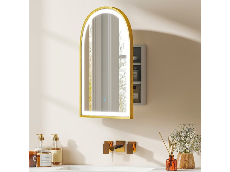  Armoire murale salle de bain avec miroir et éclairage led, porte arquée, anti-buée, doré, 50x14,5x70cm  - Conforama A