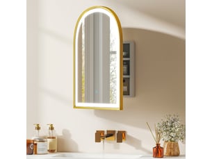 Armoire murale salle de bain avec miroir et éclairage led, porte arquée, anti-buée, doré, 50x14,5x70cm