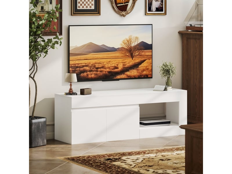  Meuble tv 2 portes et niche ouverte pour téléviseur jusqu’à 60 pouces, 140 x 40 x 48 cm, blanc, meuble bas moderne pour salon  - Conforama D