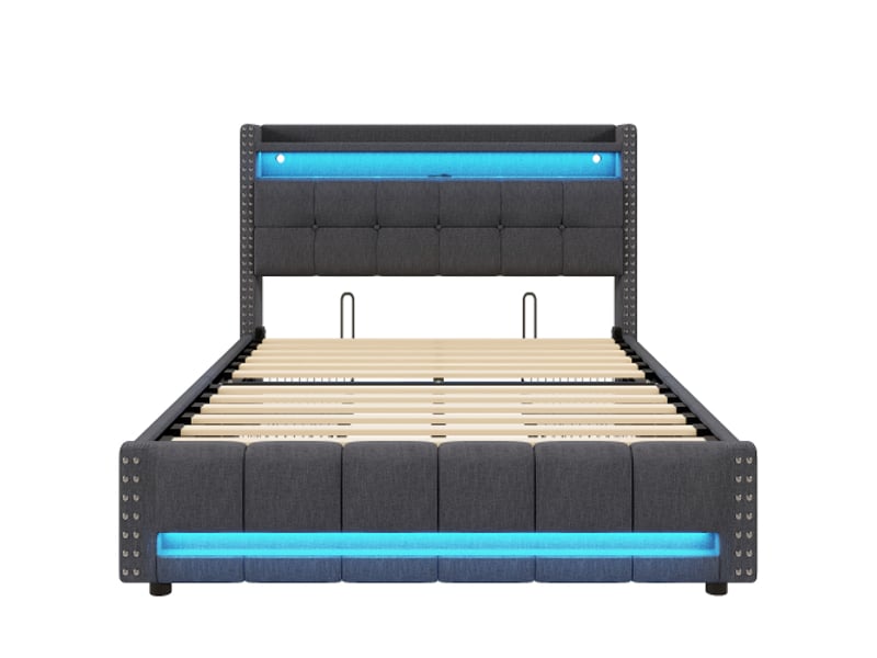 Lit capitonné 160x200 cm avec led et usb, tête de lit avec rangements et 4 tiroirs, tissu lin gris - Conforama E