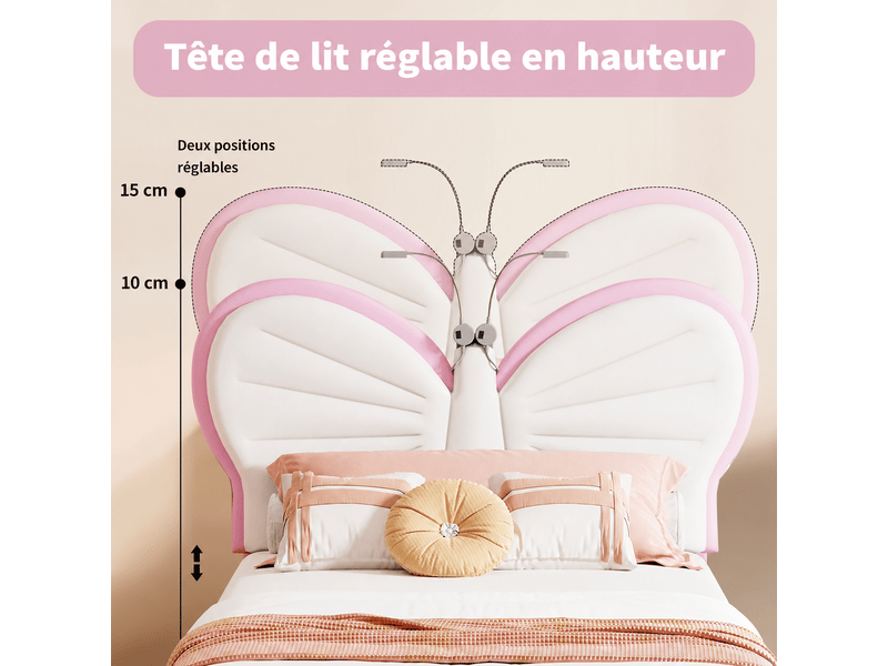 Lit enfant 90x200 avec liseuse, lits 1 personne avec tête de lits réglable en hauteur en forme de papillon, lit capitonné pour fille adolescent, velours, sans matelas (blanc + rose)  - Conforama D