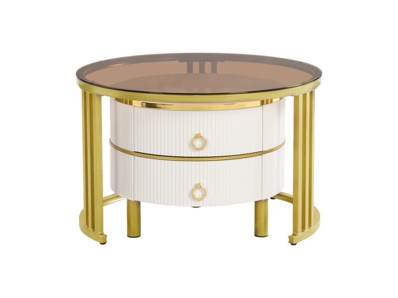  Table basse ronde 2 en 1 en mdf, table d'appoint avec un plateau blanc et un plateau en verre trempé brun, table basse combinée avec 2 tiroirs pour le salon, 70 x 70 x 45 + 50 x 50 x 40 cm  - Conforama E