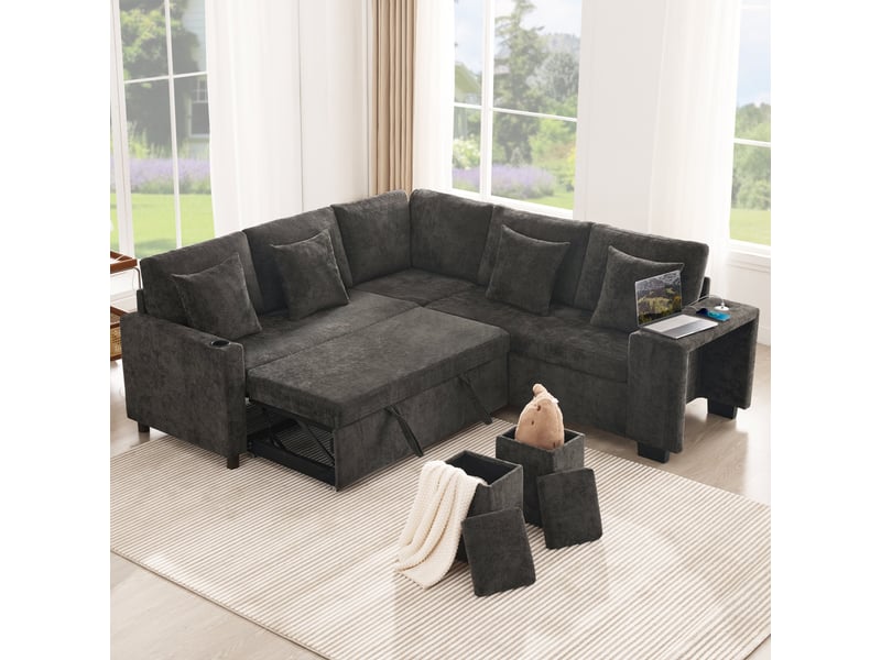  Canapé d'angle convertible 5 places 220 × 205 cm, rangement, usb-ausb-c, gris IKSETERA TRADING LTD - Conforama B