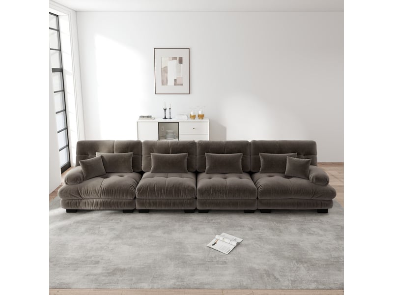  Canapé droit modulable 4 places à assise profonde, larges accoudoirs, chenille marron, 406x77x81cm, pour salon  - Conforama D