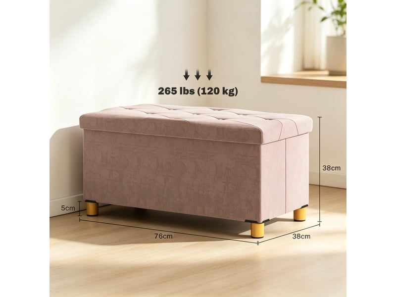  Banc de rangement pliable - 76 x 38 x 38 cm - rose - bout de lit capitonné de 67 l avec coffre et pieds en bois d'hévéa  - Conforama B