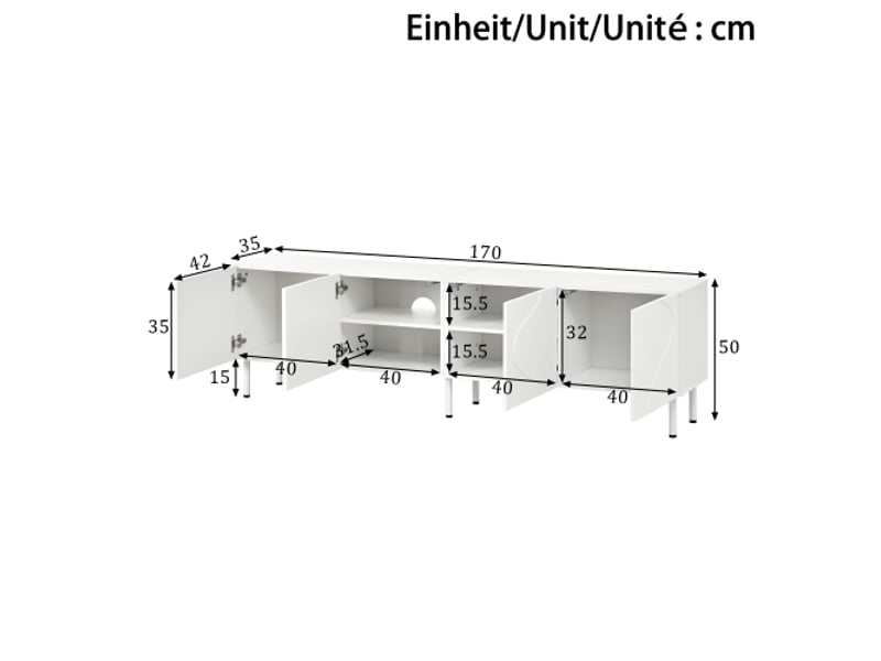  Meuble tv moderne lowboard salon 4 portes push-to-open, lignes 3d et courbes, pb et mdf, pieds cylindriques métalliques  - Conforama C