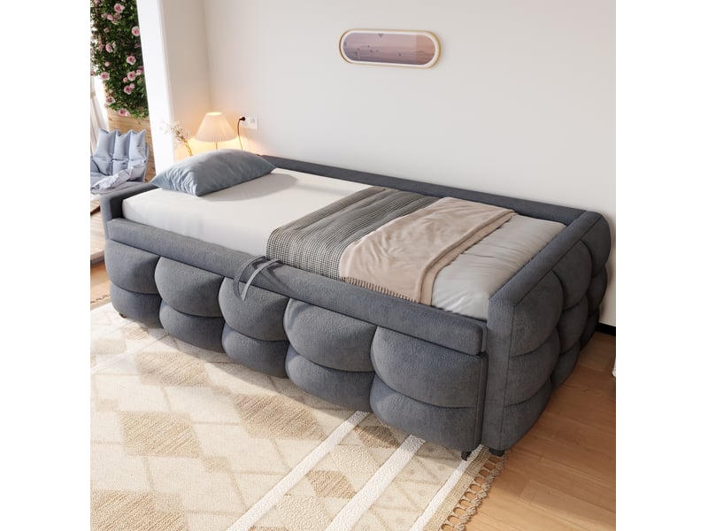  Lit gigogne 90x190 cm, lit enfant, lit 2 place, mobilier chambre, structure mdf métal, tissu teddy, gris, sans matelas  - Conforama E