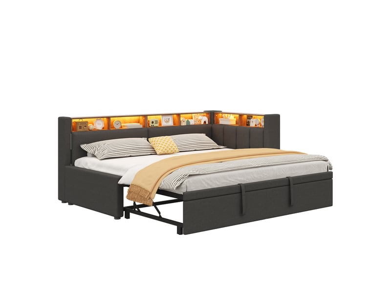Canapé-lit 90 x 200 cm 180 x 200 cm – avec lit gigogne – avec éclairage led – revêtement en lin – gris (matelas non inclus) - Conforama A