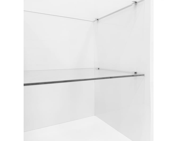  Meuble tv 180 x 38 x 48 cm, portes et étagères en verre, finition brillante, design moderne, blanc et décor bois, en panneaux de particules CARDUME ESTIVAL - Conforama E