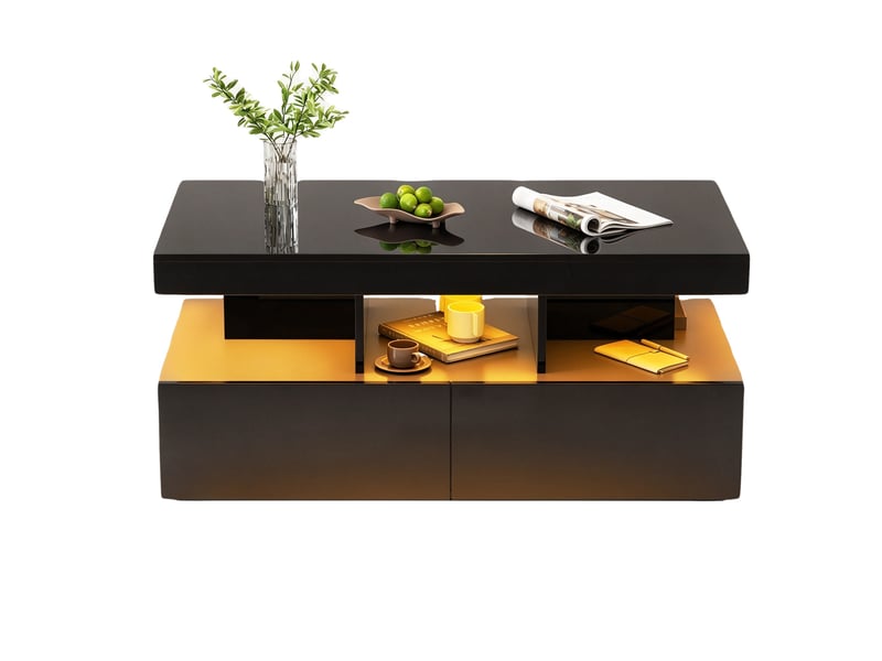  Table basse fixe able – basse laquée noire – table basse led avec 2 grand tiroir de rangement et compartiment – grand espace de rangement  - Conforama A