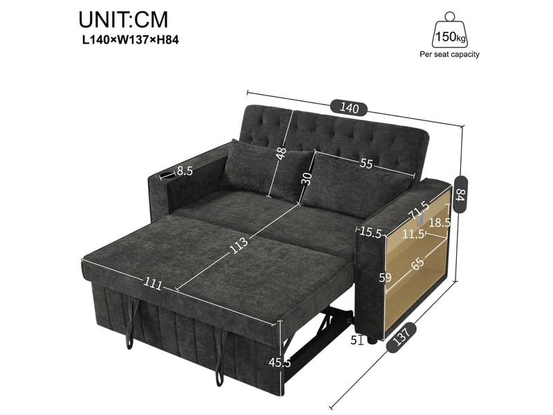 Canapé 2 places convertible 140 cm avec dossier réglable 3 positions, usb, porte-gobelet, étagère, poche et 2 coussins, chenille gris Radiant Stride - Conforama C