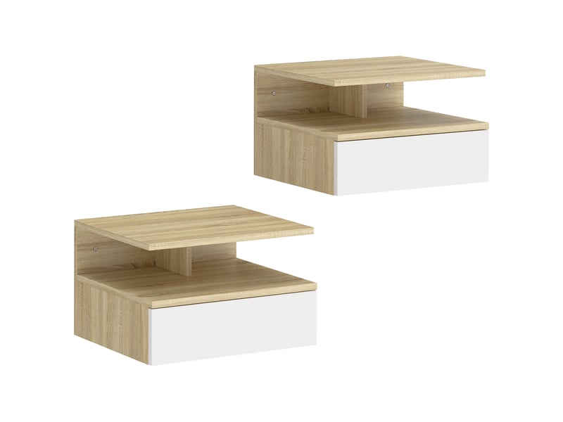  Lot de 2 tables de chevet murales, tables de nuit suspendues avec tiroir, étagère ouverte, 35x32x22,5cm, blanc et chêne  - Conforama A