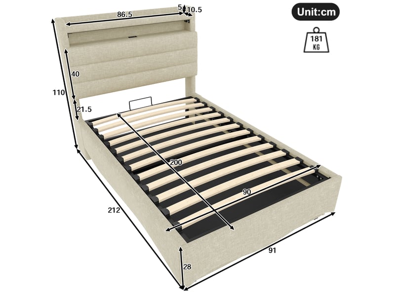 Lit capitonné 90 x 200 cm beige, led, relevage hydraulique, usb et type-c, rangements, sans matelas  - Conforama B