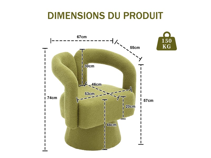  Fauteuil pivotant 360° avec assise rembourrée et base métallique, pour salon et chambre, en bouclette, vert olive  - Conforama E