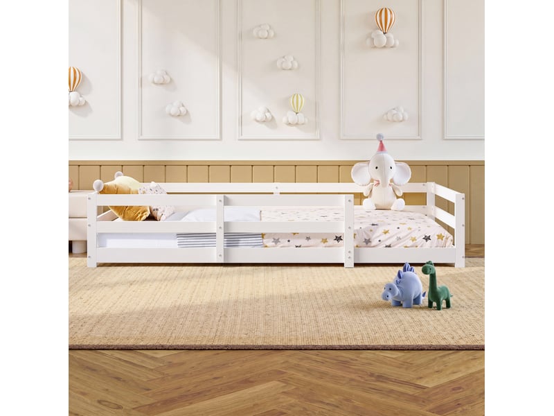  Lit enfant montessori 90x200 cm, lit bas avec barrière de sécurité, lit simple avec sommier, bois, blanc sans matelas  - Conforama B