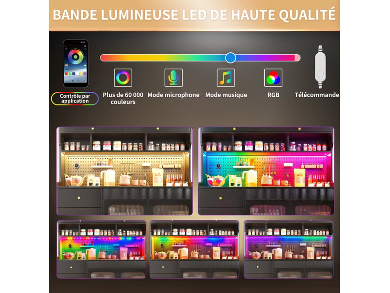  Armoire haute avec porte relevable, led rgb, tiroir et étagères en verre pour cuisine, noire, 145 × 39 × 171 cm  - Conforama E