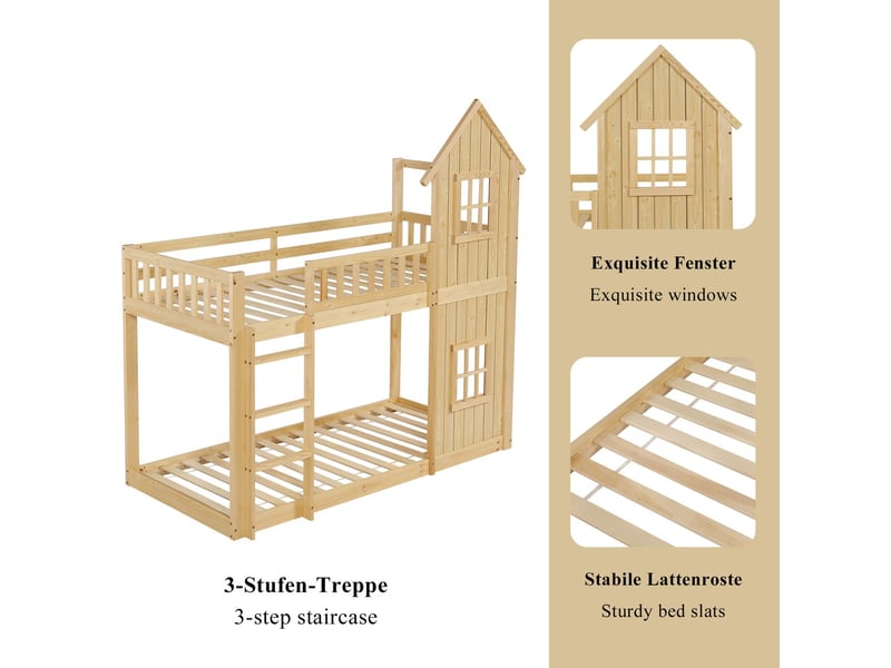  Lit superposé enfant 90 x 200 cm deux fenêtres décoratives forme maison escalier à trois marches garde-corps sur tous les côtés bois de pin et mdf finition naturelle  - Conforama E
