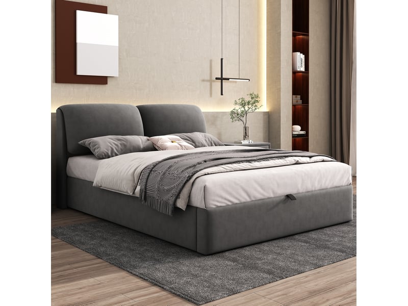  Lit coffre 140 x 190 cm en velours gris avec sommier à lattes, 3 tiroirs et tête de lit réglable  - Conforama C