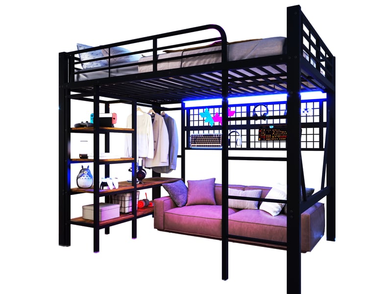  Lit mezzanine 140 x 200 cm, structure métal, led, bureau, étagères, panneau perforé, usb, sans matelas, noir  - Conforama A