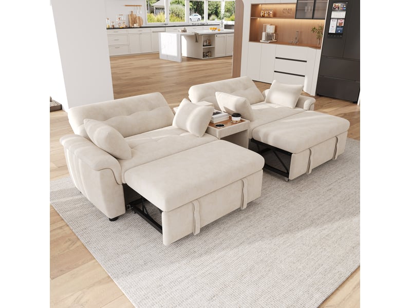  Canapé panoramique en u convertible 4 places avec double couchage, dossier réglable et porte-gobelets en chenille beige  - Conforama D