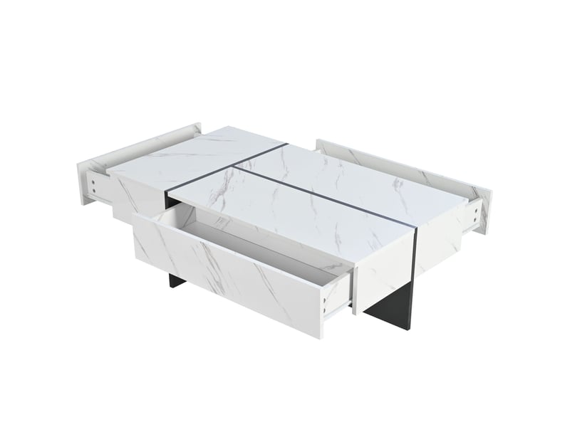 Table basse blanche finition brillante avec led et 3 tiroirs 105x60x35cm motif marbre - Conforama R