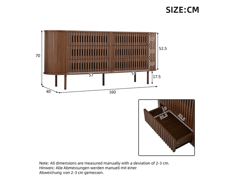  Buffet 6 tiroirs en mdf et métal coloris noyer 160 x 40 x 70 cm N625P488110111N - Conforama C