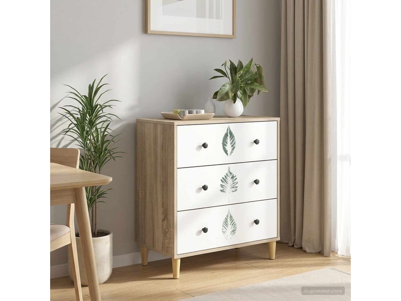  Commode chambre, meuble de rangement hanau imprimé feuilles vertes 66x36,5x75 cm sonoma  - Conforama B