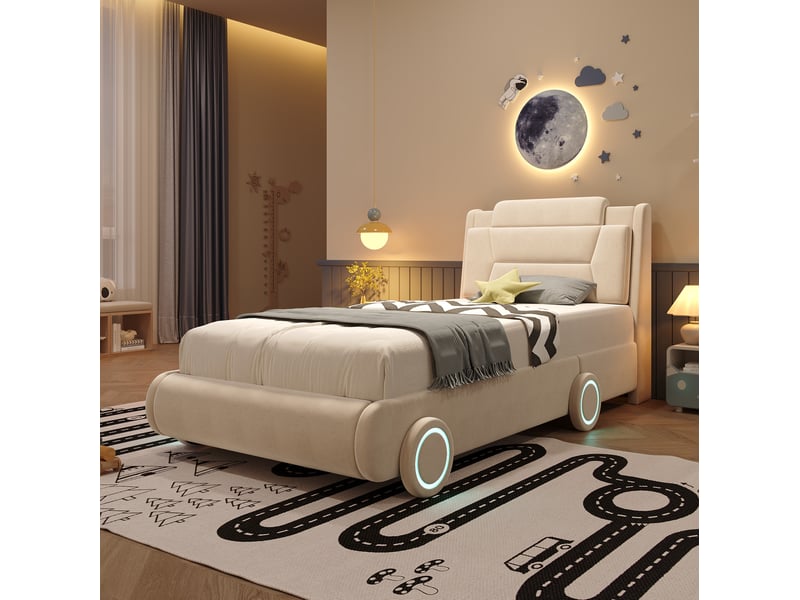  Lit enfant voiture 90x200 cm avec tête de lit réglable en velours beige  - Conforama B
