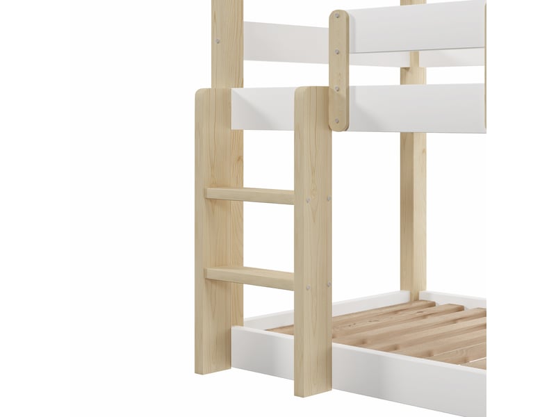  Lit superposé triple 90 × 190 cm, 3 couchages, doubles échelles, barrières hautes, pin massif, blanc et naturel  - Conforama E