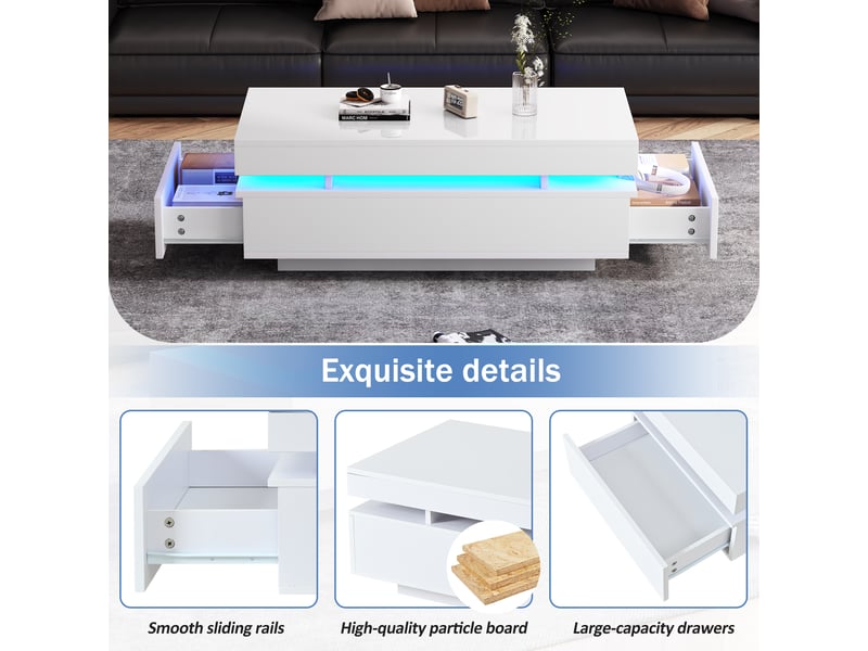  Table basse avec 2 tiroirs et éclairage led pour salon 100×50×35 cm en panneaux de particules blanc  - Conforama C