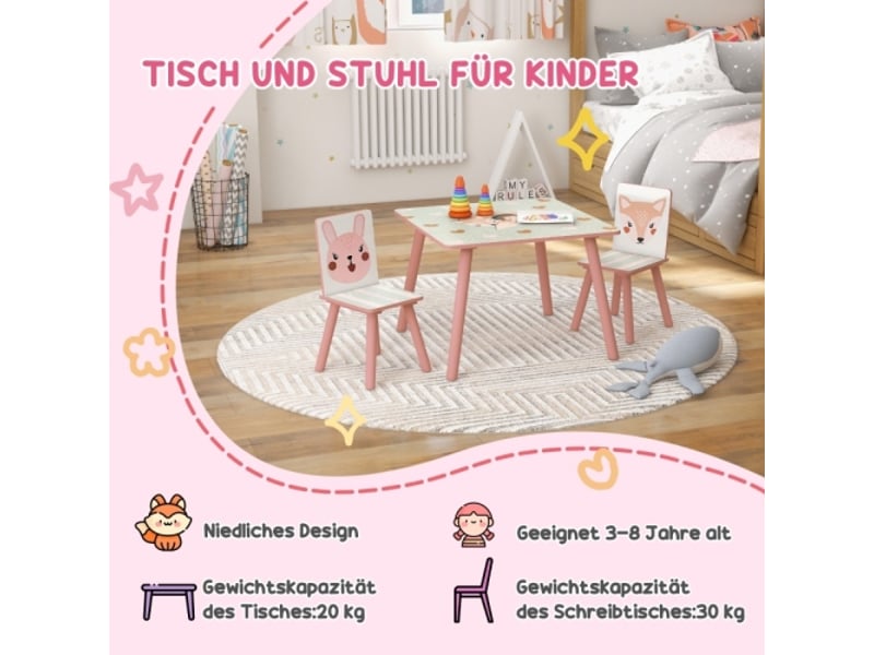 Ensemble table et 2 chaises enfant en pin, motif animal, 3-8 ans, rose, chambre enfant - Conforama B