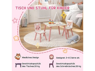 Ensemble table et 2 chaises enfant en pin, motif animal, 3-8 ans, rose, chambre enfant