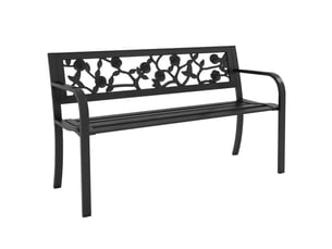 Banc de jardin 2 places en acier avec dossier et accoudoirs décorés, 127 x 50 x 75 cm, noir