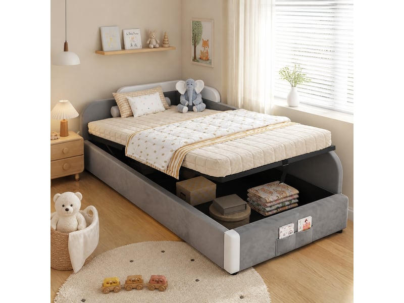  Lit enfant coffre hydraulique gris et blanc 90 x 200 cm  - Conforama B