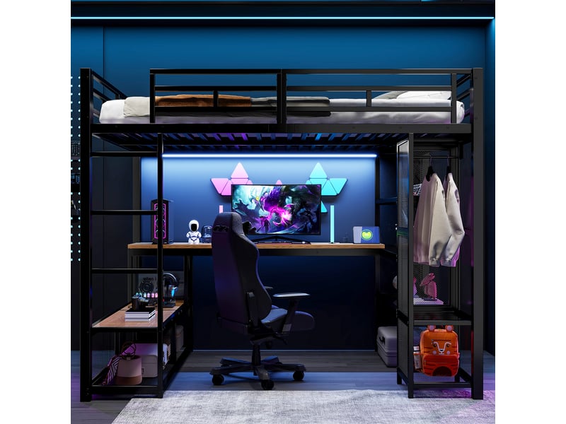 Lit mezzanine 140x200 cm avec bureau intégré, étagères et penderie ouverte, led 16 couleurs, usb, garde-corps hauts, métal noir Radiant Stride - Conforama D