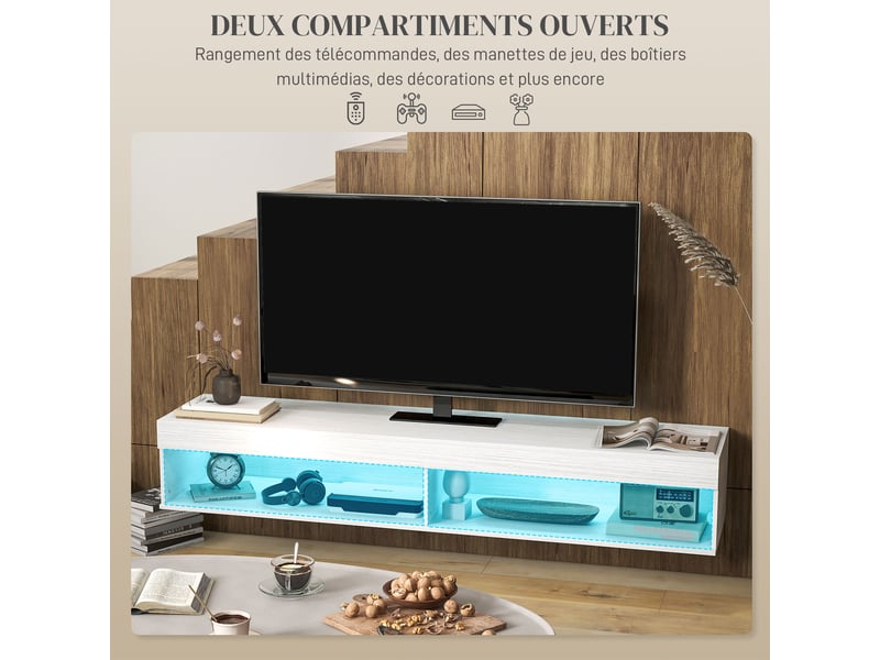 Meuble tv suspendu mural avec éclairage led pour téléviseurs jusqu'à 75 pouces, étagères, 180l x 40l x 30h cm, blanc - Conforama W