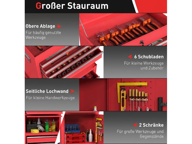  Armoire à outils mobile 60,5 x 33,5 x 131 cm rouge en acier, 6 tiroirs et 2 compartiments verrouillables  - Conforama D
