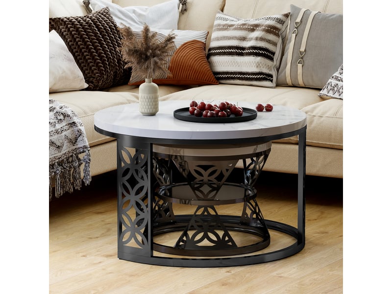  Tables gigognes rondes 70 et 45 cm, plateau blanc et pieds noir mat, style scandinave épuré  - Conforama D