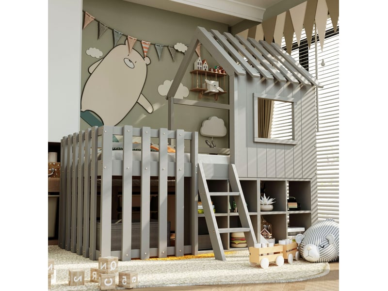  Modenvie lit cabane enfant 90x200 cm - avec rangement modulable, toit et fenetres, sans matelas - gris  - Conforama B