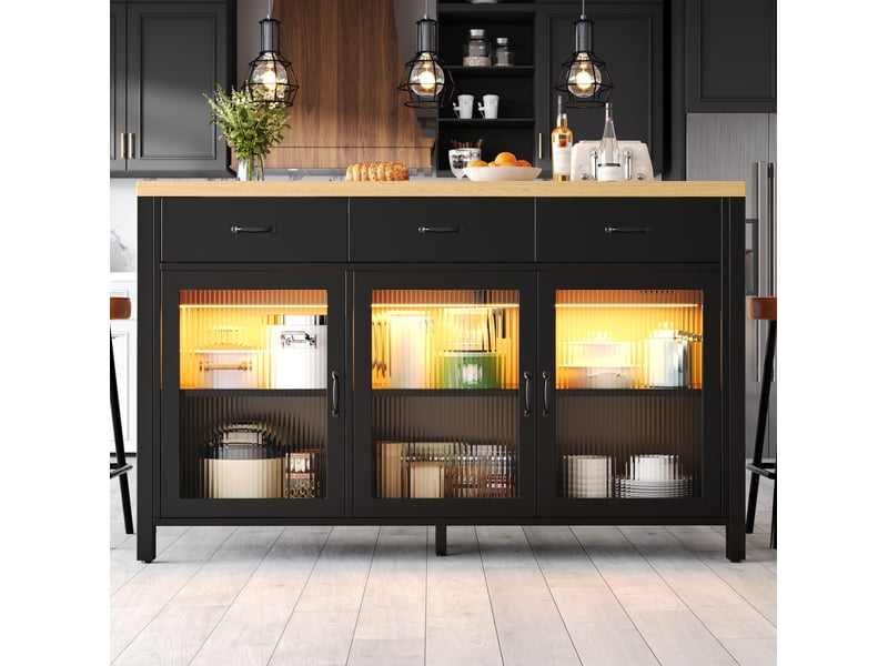  Desserte de cuisine avec 3 tiroirs, 3 portes vitrées et étagères réglables, éclairage, noir, 150 × 80 × 90 cm  - Conforama C